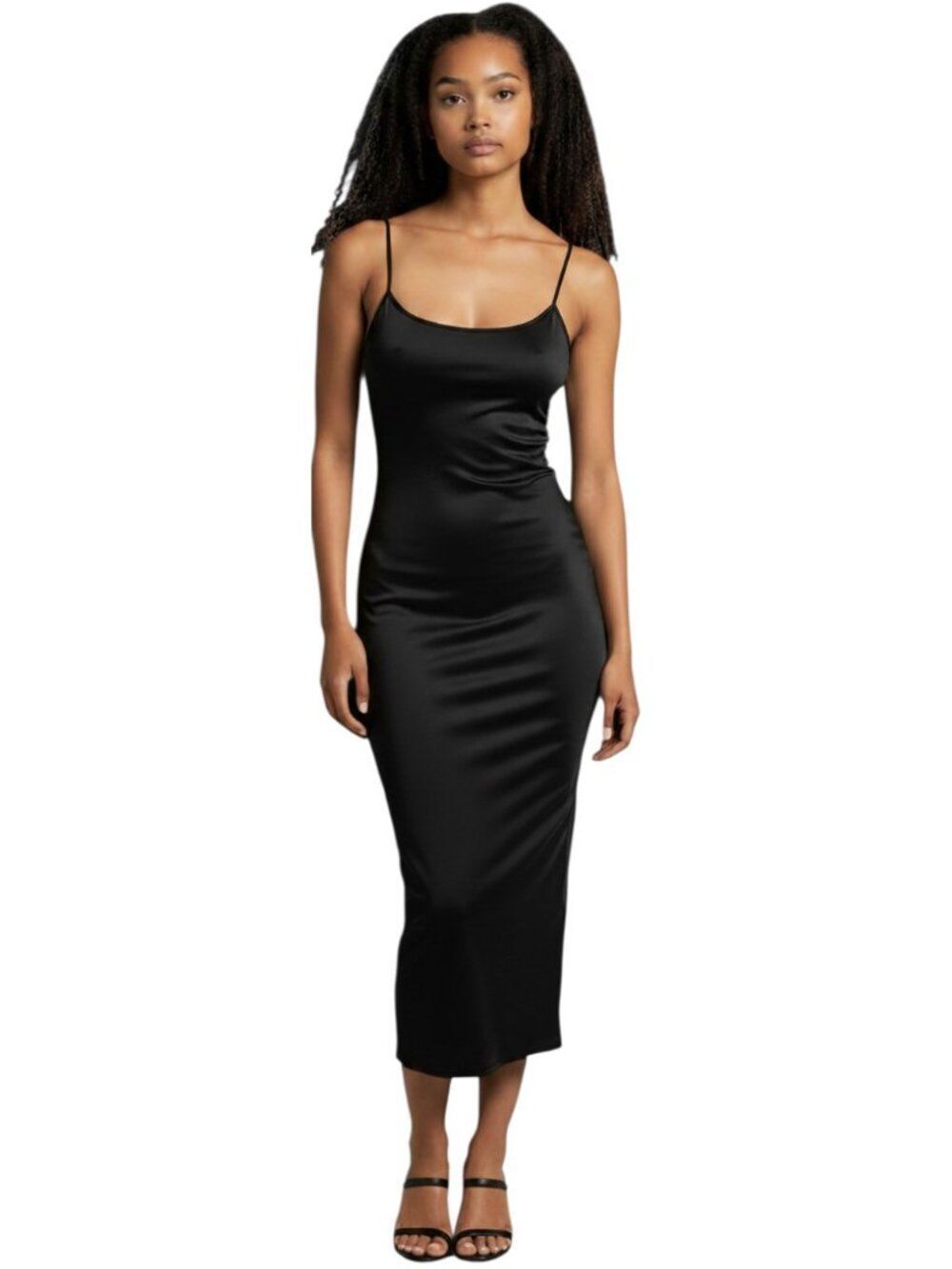 Forever 21 Scoop Neck Slip Midi Dress Black Stretch Bodycon Cami Size Small LBD